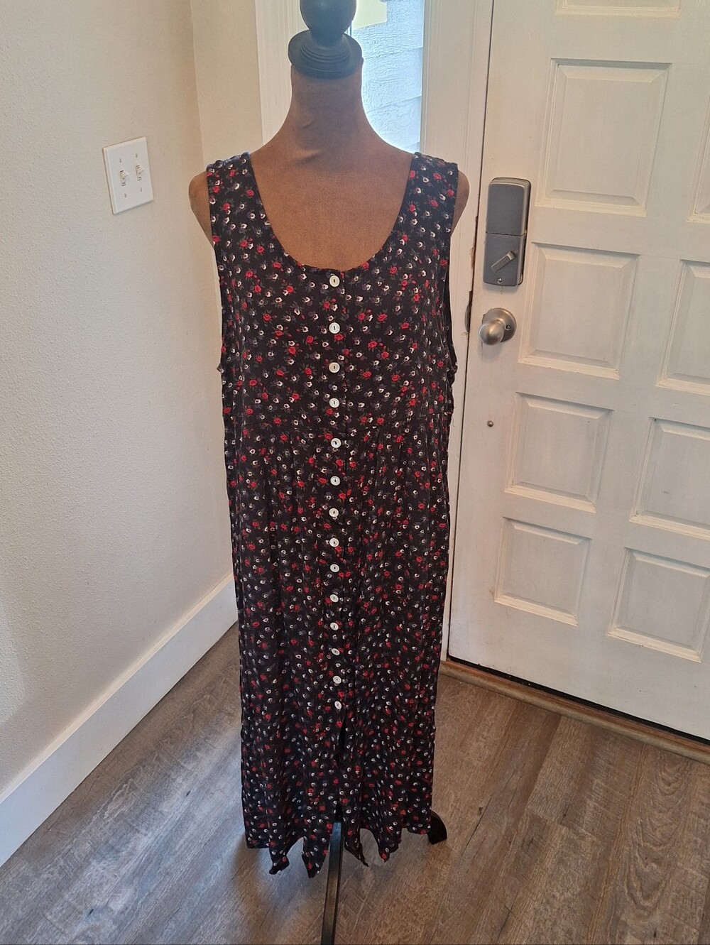 Vtg Caroline Wells 90s Grunge Floral Button Up Sleeveless Dress - Large